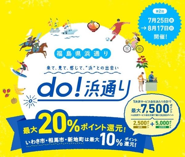 2025/8/17まで!福島県浜通り地域の15市町村でau PAY、d払い、PayPay、楽天ペイが最大20%還元!