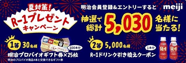 2025/8/31まで!エントリーするだけで明治プロバイオギフト券25枚 or R-1ドリンク引き換えクーポンが当たるかも!
