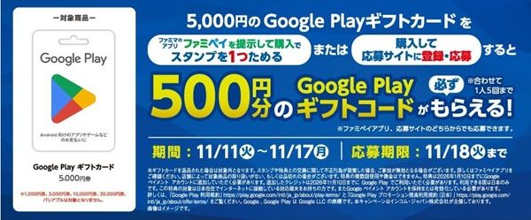 11/17まで！ファミマでGoogle Playギフトカードの5000円券を購入すると500円分追加で貰える！