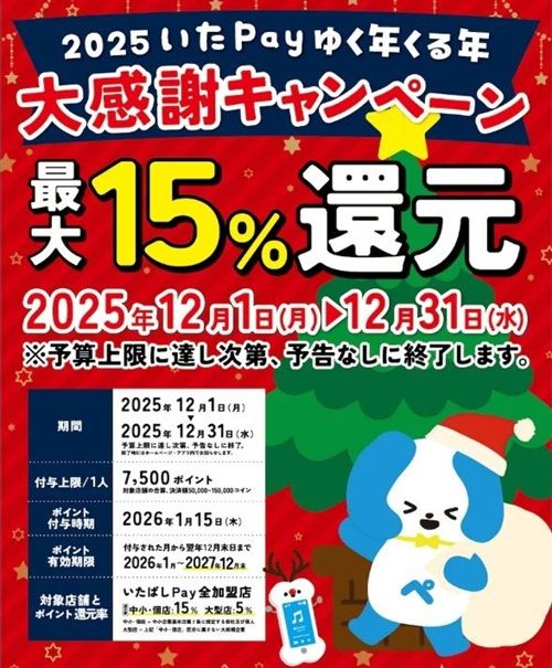2025/12/31まで!板橋区のいたばしPayが最大15%還元キャンペーン!誰でも使える!