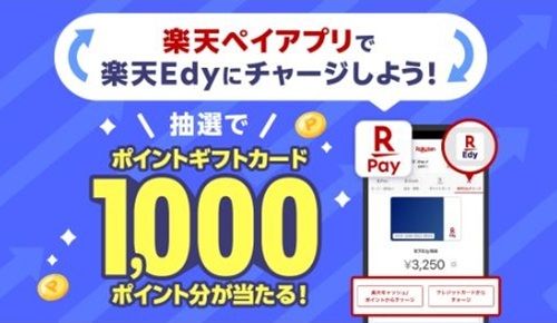 2026/4/30まで!楽天ペイで楽天Edyにチャージするとポイントギフトカード1000ポイント分が当たるかも!