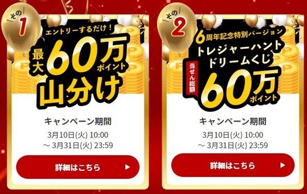3/31まで！エントリーするだけで楽天ポイント60万ポイント山分け！トレジャーハントドリームくじもある！