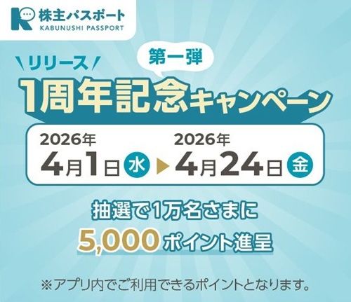 2026/4/24まで！株主パスポートアプリに会員登録&銘柄登録&アンケート回答すると、5000株主ポイントが当たるかも！