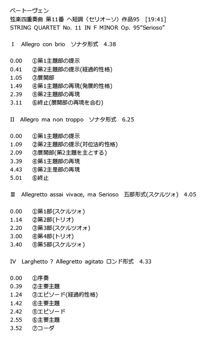 ベートーヴェン：弦楽四重奏曲 第11番「セリオーソ」楽曲構成 index