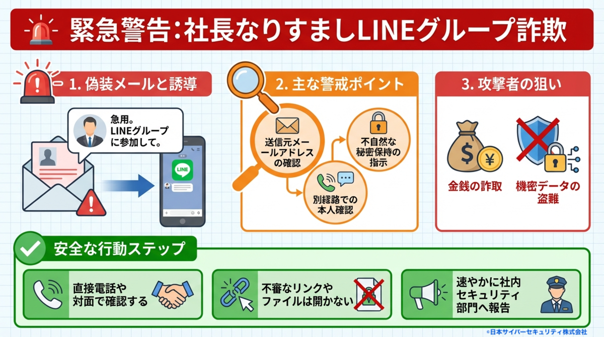 緊急注意喚起】社長を騙り「LINEグループ作って」という詐欺メールについての手口と対策 - サイバーセキュリティナビ