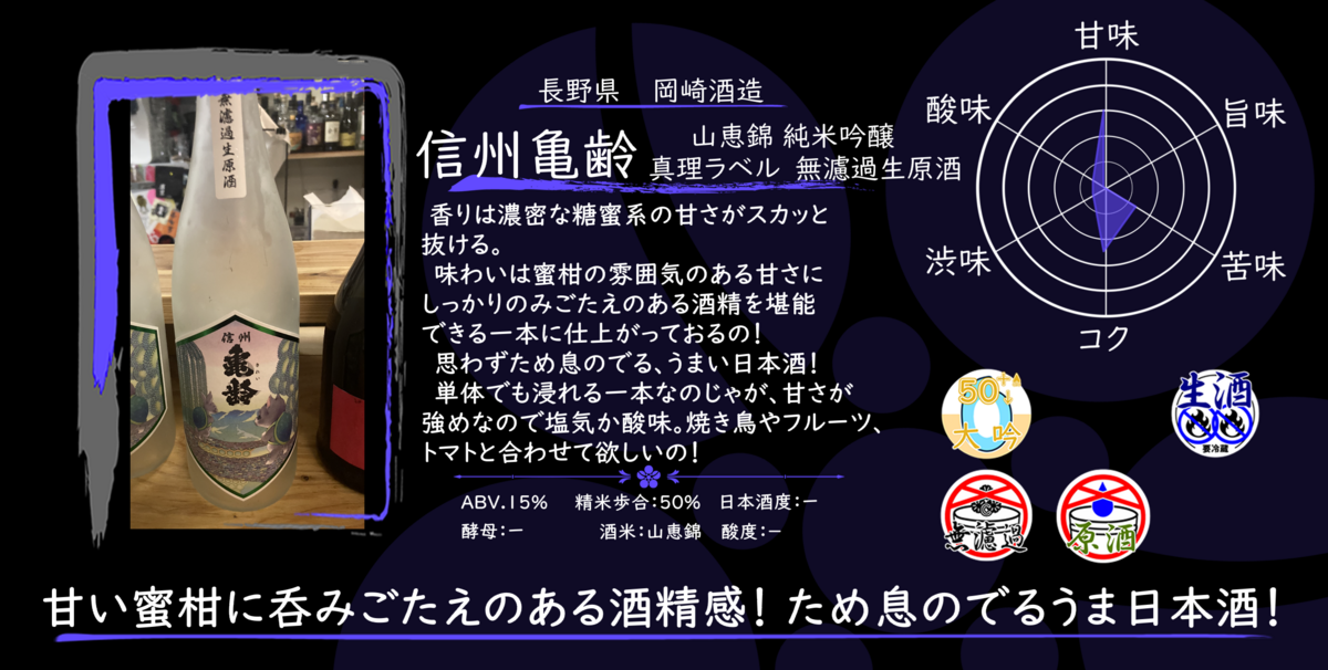 木曜日の季節物】信州亀齢 山恵錦 純米吟醸 真理ラベル 無濾過生原酒 