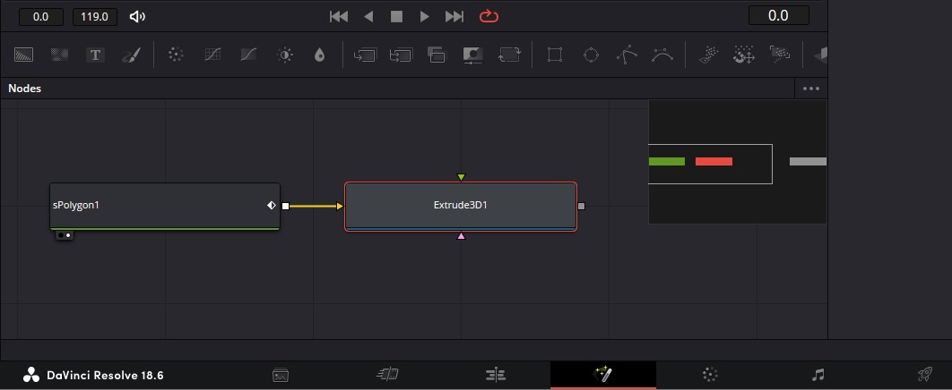 DavinciResolveFusionのノードエディタでsPolygonノードからExtrude3Dノードにつないだ画像です