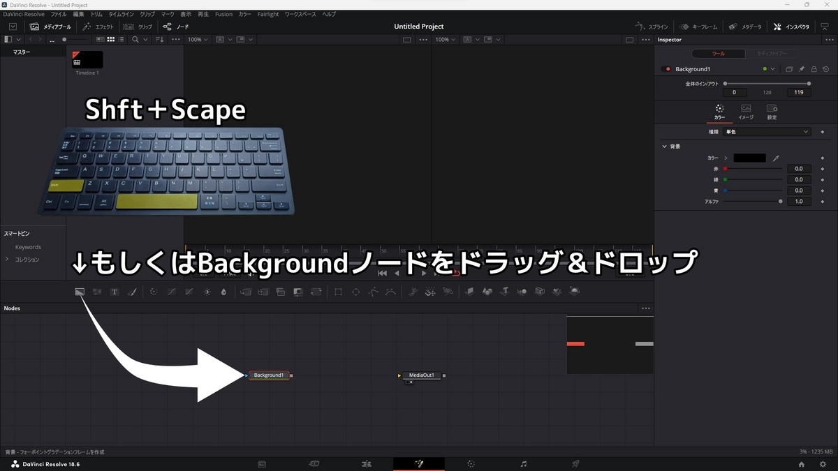 Shift＋SpaceキーかBackgroundノードをドラッグアンドドロップし、追加することを説明した画像です