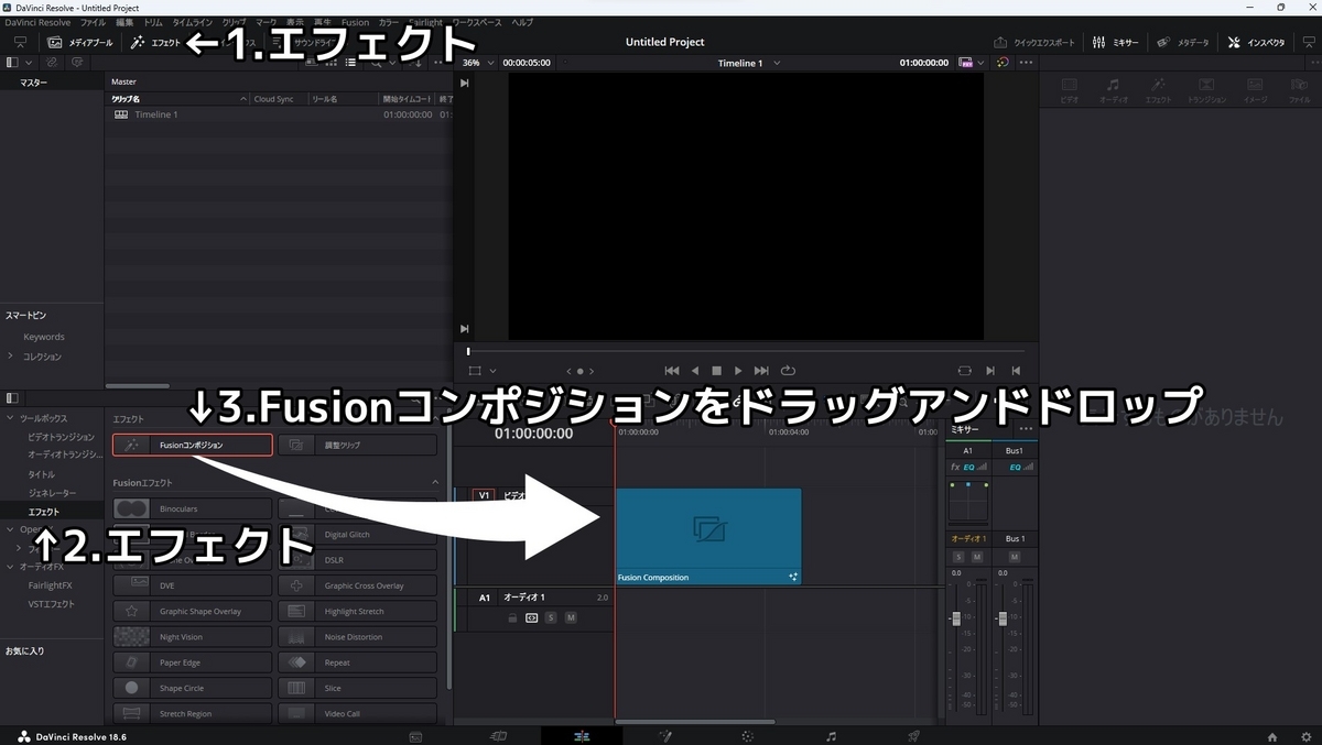 DavinciResolveのEditページで上部メニューのエフェクトボタンを押し、Fusionコンポジションノードをタイムラインにドラッグアンドドロップすることを示した画像です