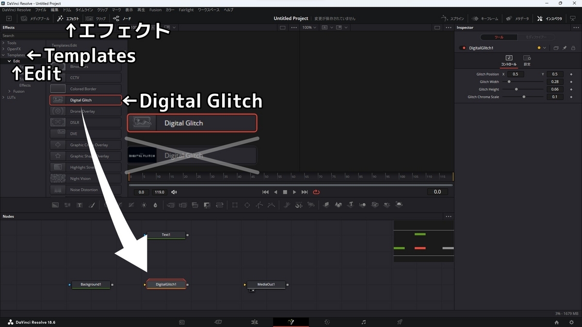 エフェクト、templates、EdtにあるDigital Glitchをノードエディタにドラッグアンドドロップすることを示した画像です