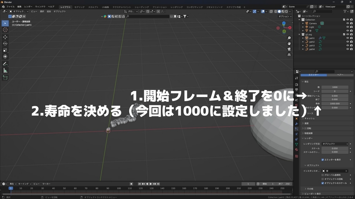パーティクルの開始フレーム、終了を0に、寿命を1000に設定したことを示した画像です