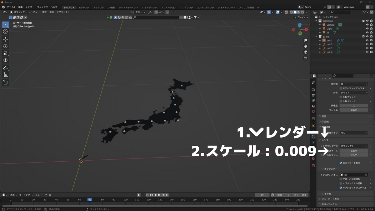 パーティクルのれんだータブのスケールを0.009に設定したことを示した画像です