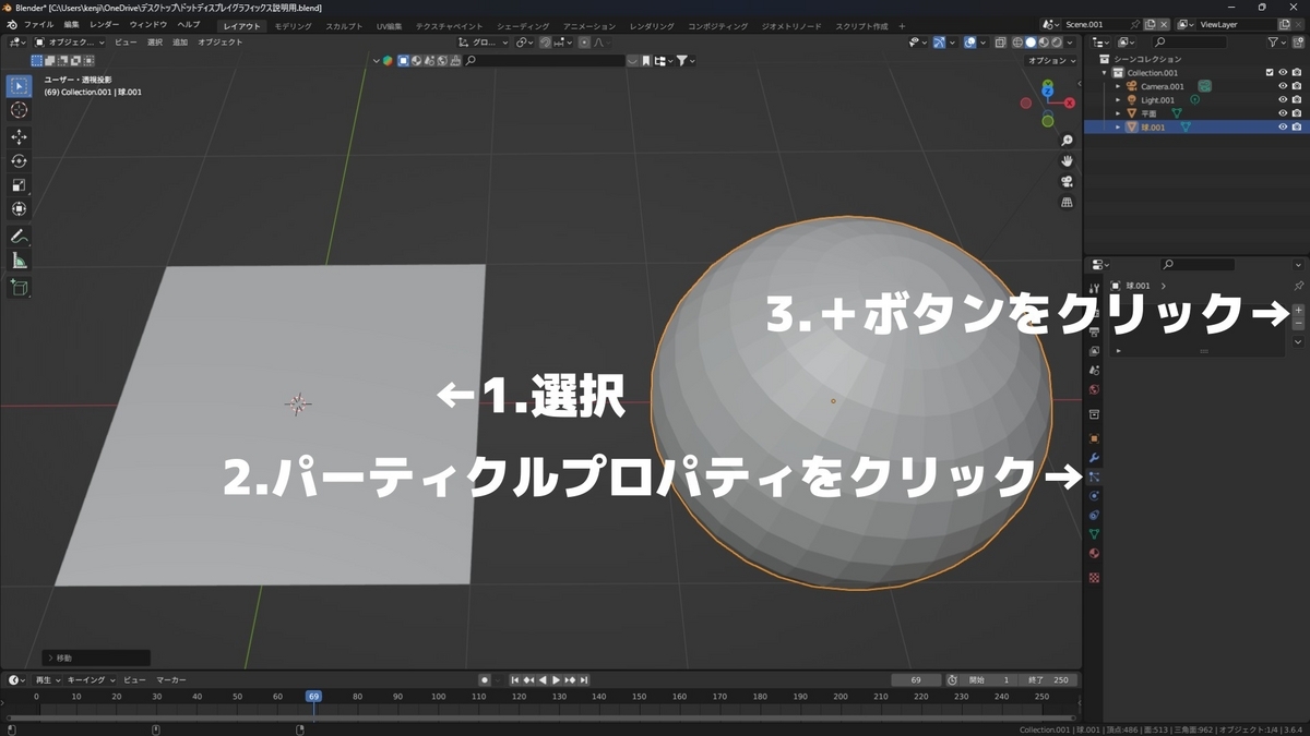 平面を選択、パーティクルプロパティをクリックし、+ボタンを選択し、パーティクルを追加することを示した画像です