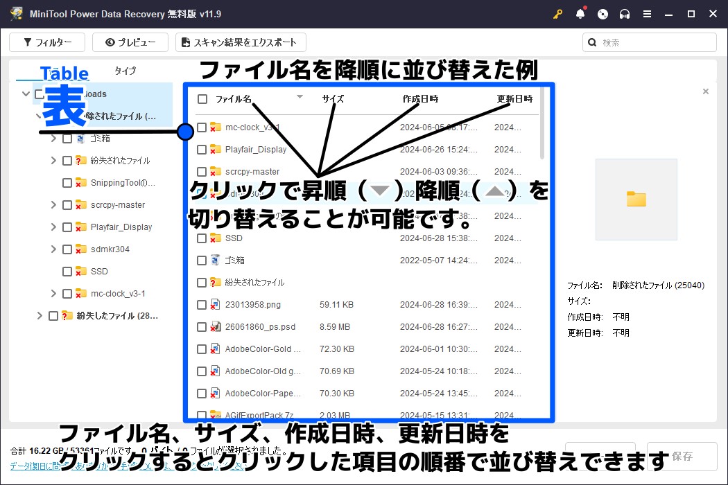 ソート出来る表について説明した画像です