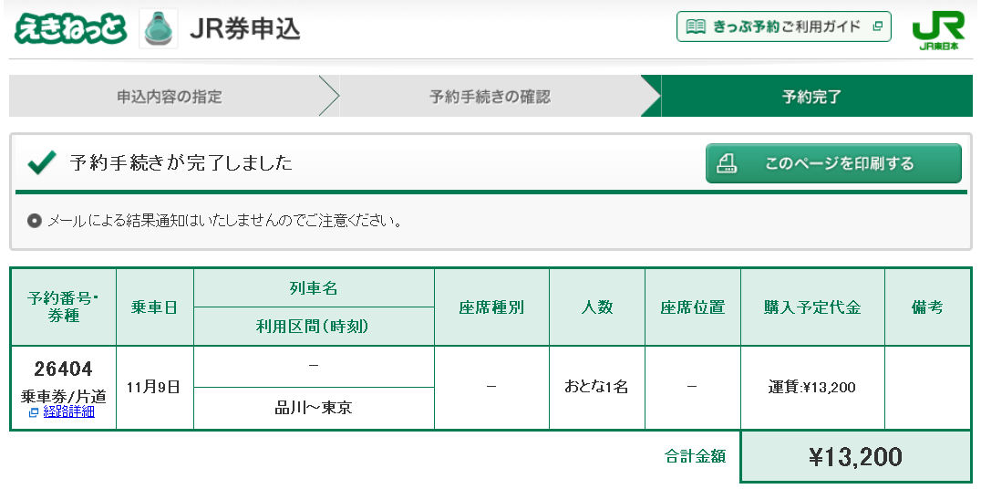 えきねっとで乗車券の金額が確定する画面