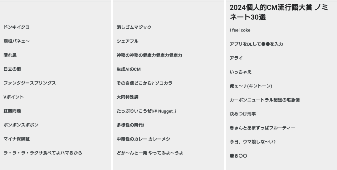 2024個人的CM流行語大賞 ノミネート30選 - 番組スポンサーの窓