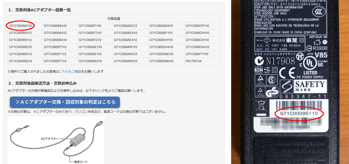 リコール対象の東芝製ACアダプター