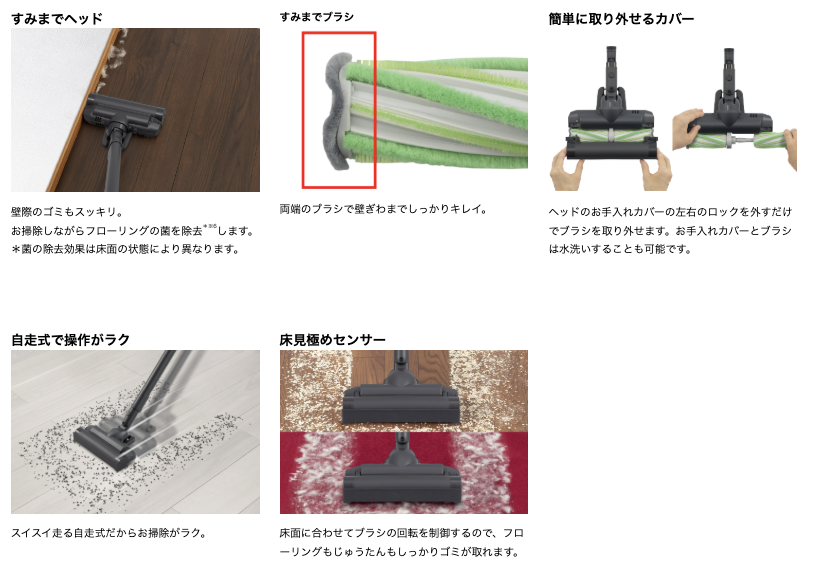 ホコリが溜まりやすい壁際のゴミもしっかりお掃除「すみまでヘッド」