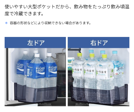 ドアポケットが広く使える。2Lペットボトルをたっぷり計10本収納。