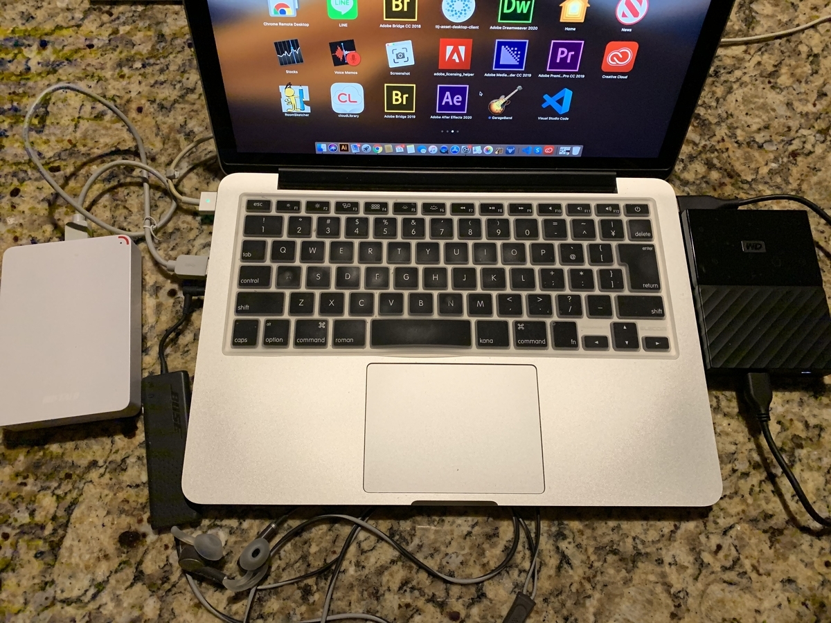 私のマックちゃんの現状：繋げすぎ？タイムマシーン用外付けHDとストレージ用HD、それにヘッドホンも繋がってますww