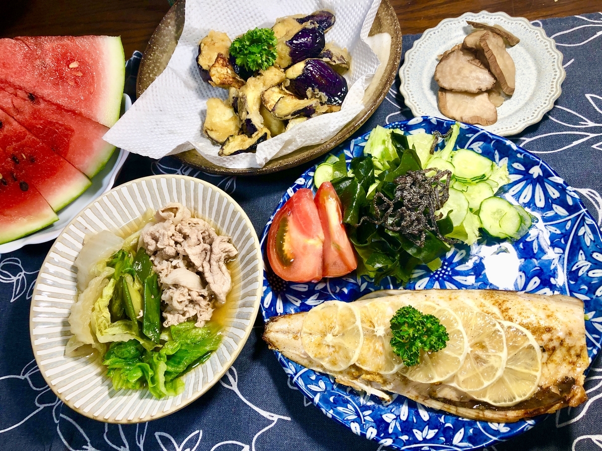 塩サバのレモン焼き　豚肉と白菜の煮物　揚げなす