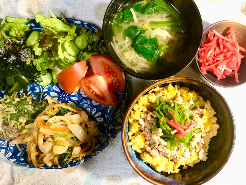 カリフラワーライスの三色丼とかき揚げの夕食を撮った写真