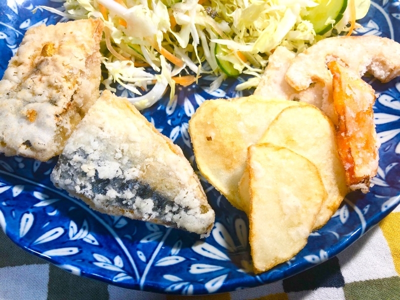 塩サバと野菜揚げを撮った写真