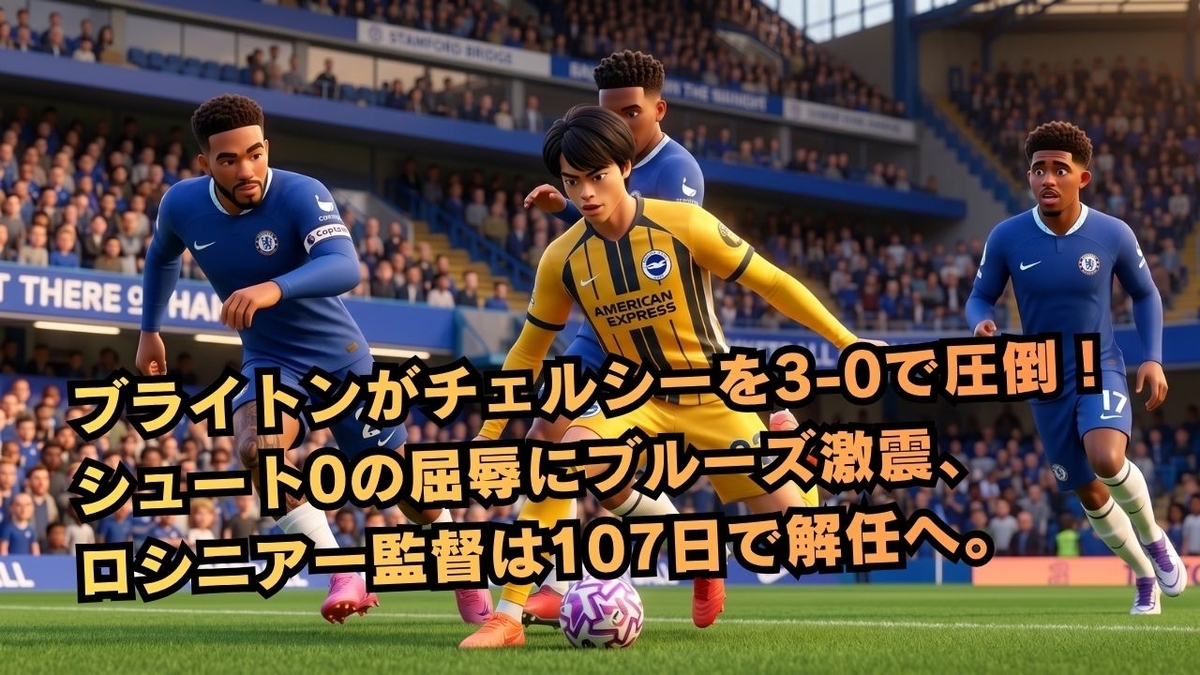 ブライトンがチェルシーを3-0で圧倒!シュート0の屈辱にブルーズ激震、ロシニアー監督は107日で解任へ。