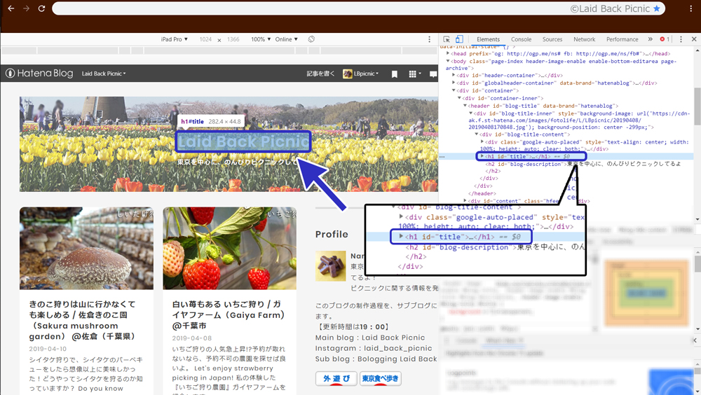 デベロッパーツールが、ブログタイトルを『h1』と示している