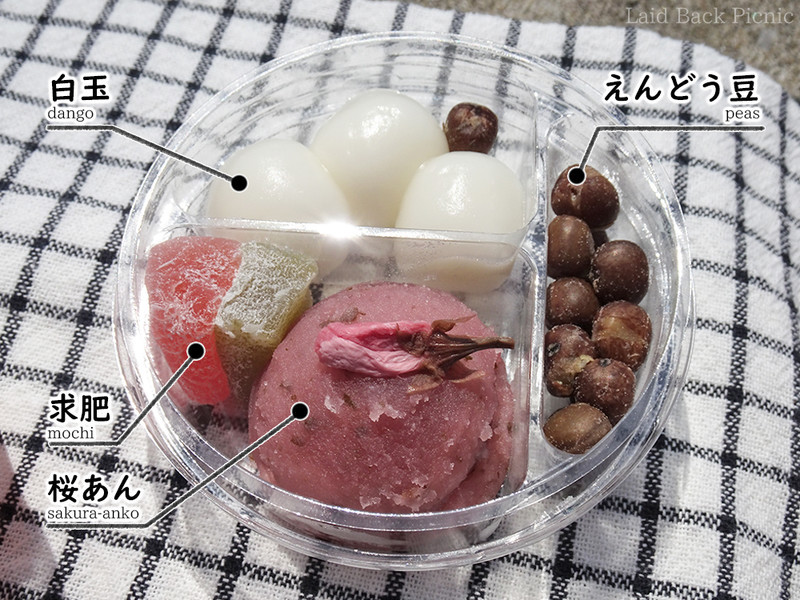 上皿の内容：求肥、桜あん、白玉、赤えんどう豆
