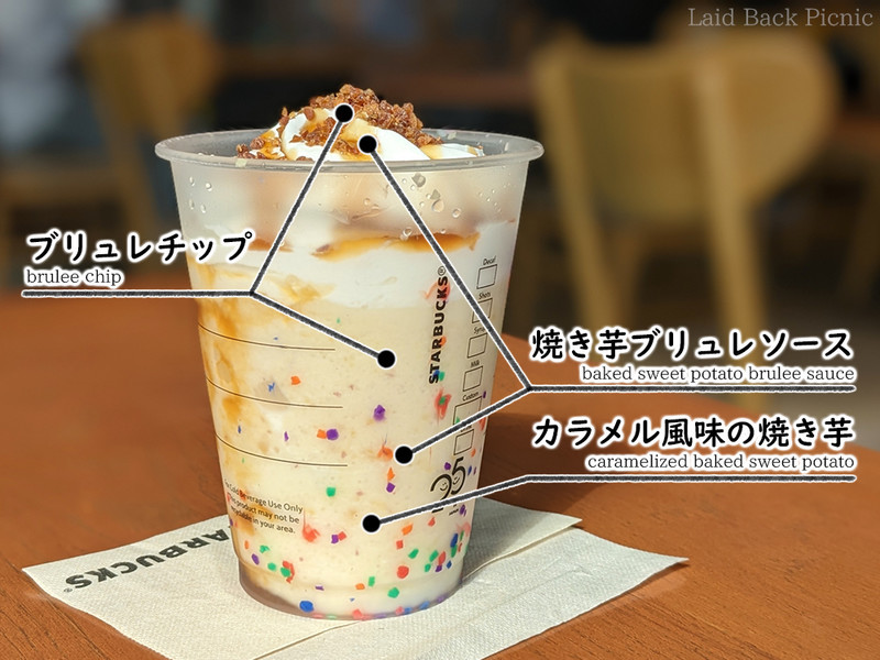 フラペチーノの中とトッピングに焼き芋ブリュレソースとブリュレチップが使われている