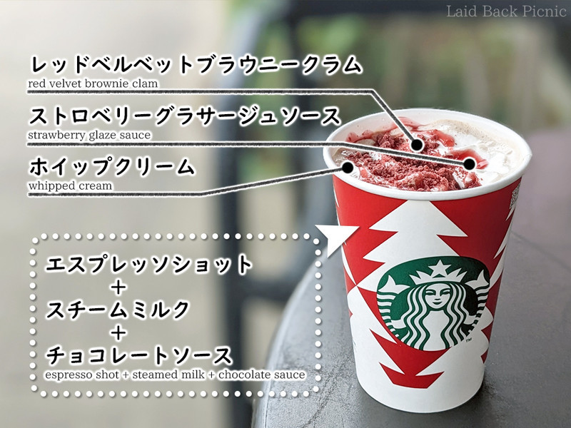 モカベースのドリンクに、ストロベリーグラサージュソースなどのトッピング