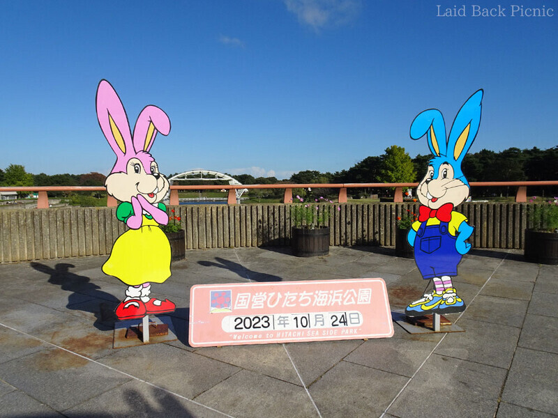 うさぎのキャラクターと日付入りボードのある撮影スポット