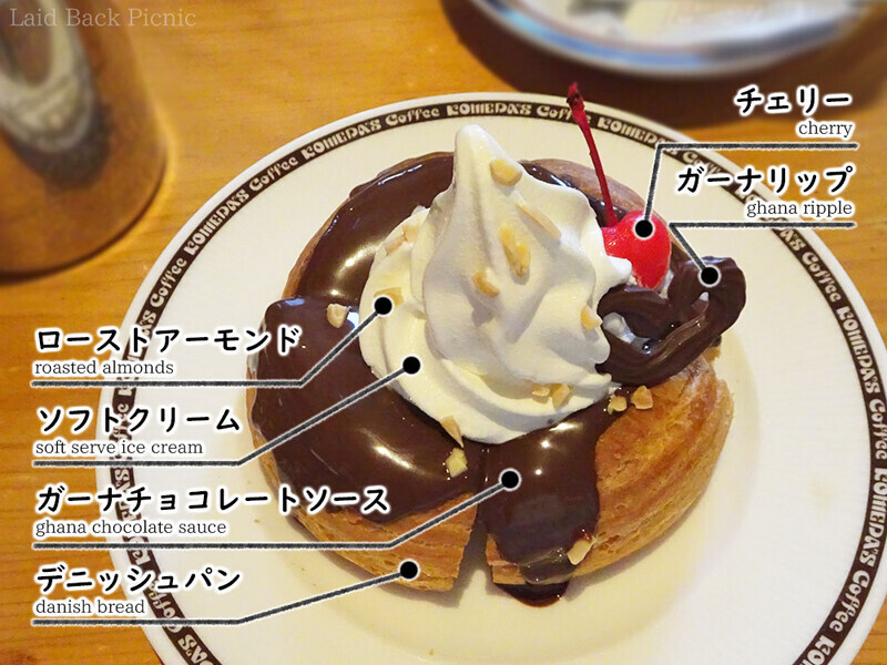 下からデニッシュパン、ガーナチョコレートソース、ソフトクリーム、ローストアーモンド、ガーナリップル、チェリー。