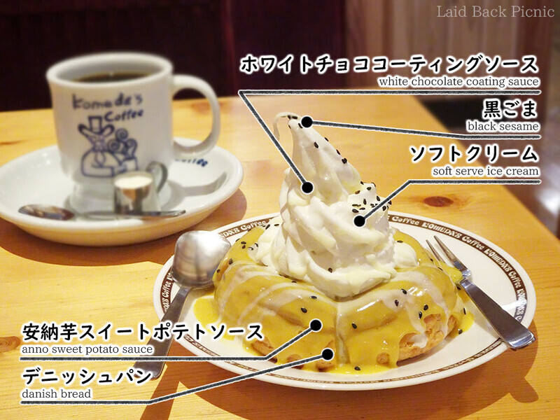 下から順に…デニッシュパン、スイートポテトソース、ソフトクリーム、ホワイトチョココーティングソース、黒ごま。