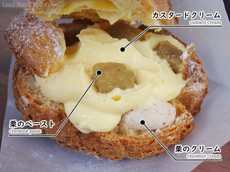 シュークリームの中にはカスタードクリーム、栗のクリーム、栗のペースト入り。