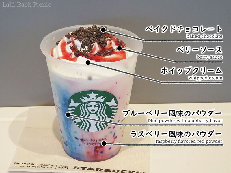 ミルクヲベースとしたフラペチーノに、ベリーのソースと焼きチョコチャンクのトッピング。