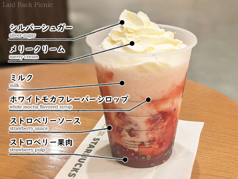 ミルクとストロベリーソース、ストロベリーの果肉入りソースを使ったフラペチーノに、チーズを加えたメリークリームとシルバーシュガーのトッピング。