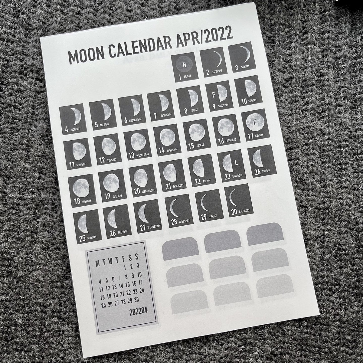 4月日付シート作成 月の満ち欠け モノトーン Notebook Days