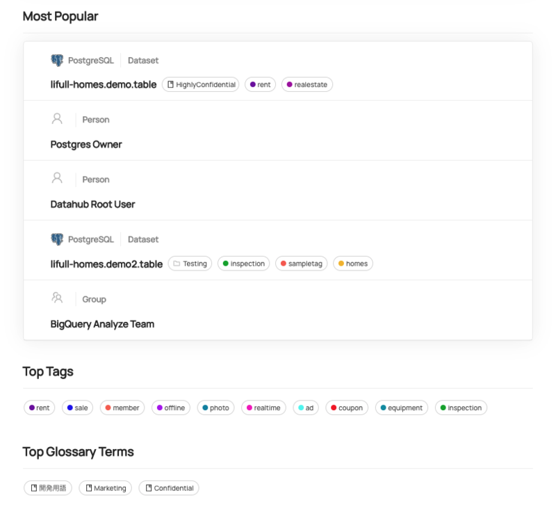 Metadata ingestionの実行後イメージ: タグやTermsからmetadataが検索できる