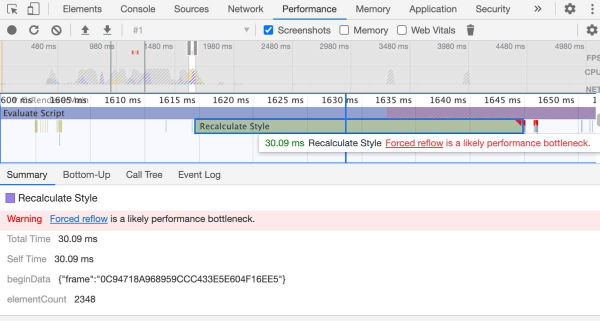 devtoolsのスクショ 大きなスタイルの再計算が走っている