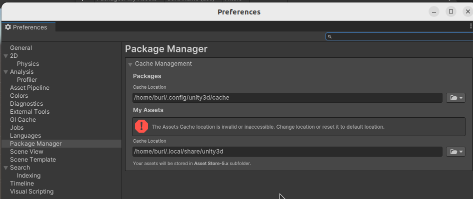 The Assets Cache location is invalid or innaccesible. Change location or reset it to default location.