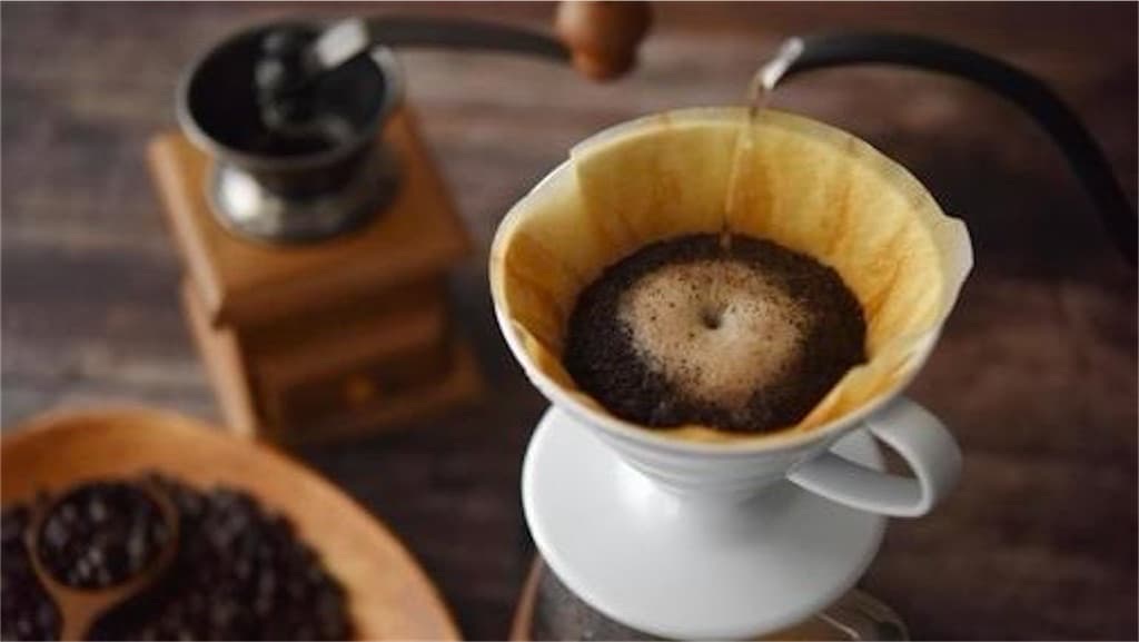 コーヒー豆のセットされたフィルターに湯を注ぐ画像