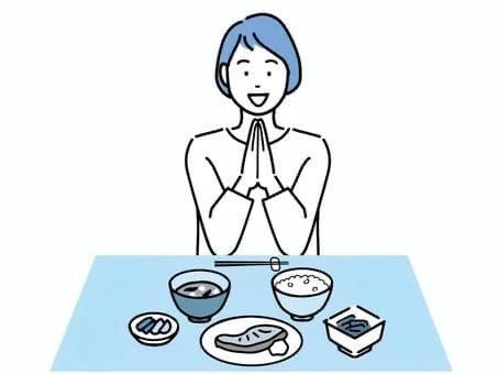 笑顔で素朴な食事を始めようとする女性のイラスト画像