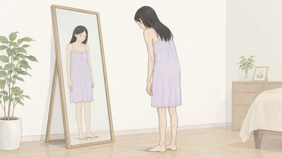 鏡に映った自分に落ち込む中年女性の画像