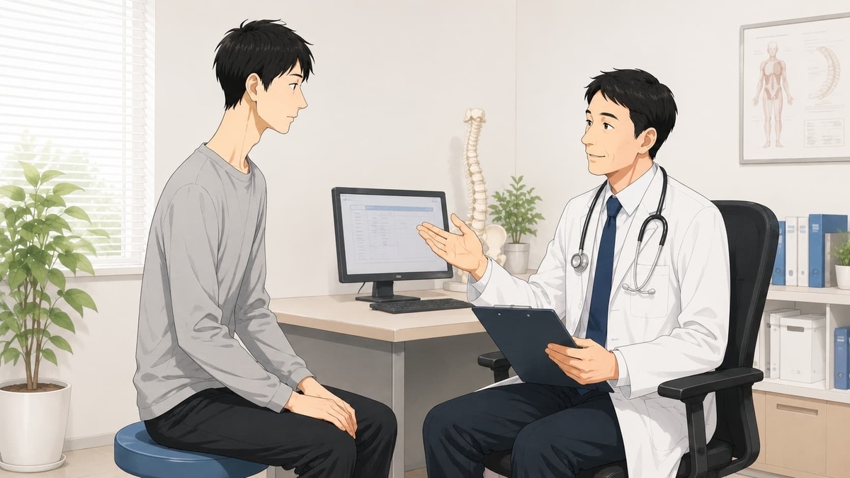 細身の長身男性が医師から助言を受ける画像