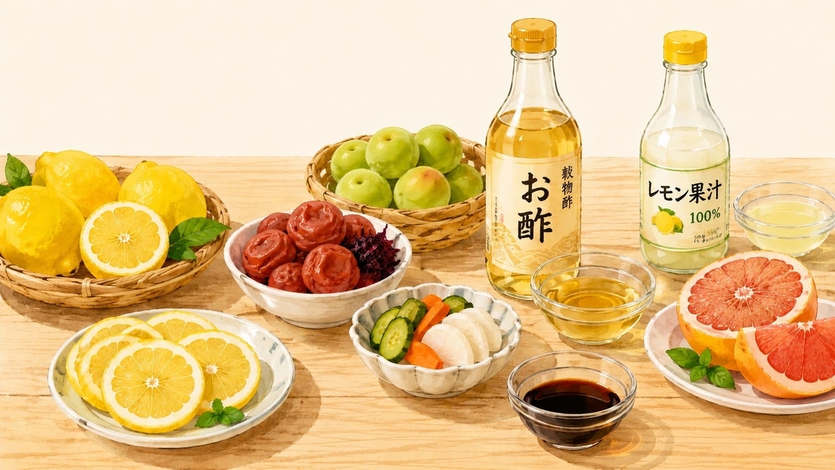 柑橘類、梅、お酢など酸っぱい食べ物が並んだ画像