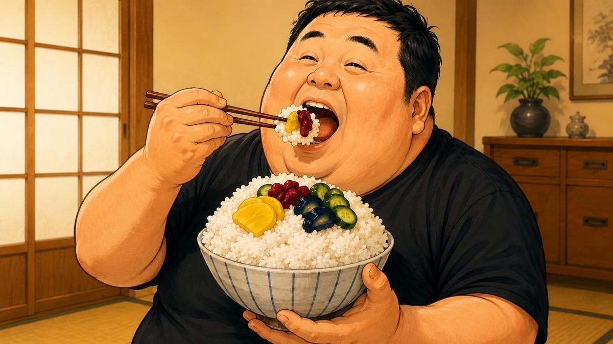 漬け物ののった山盛りのご飯をおいしそうに食べる男性の画像