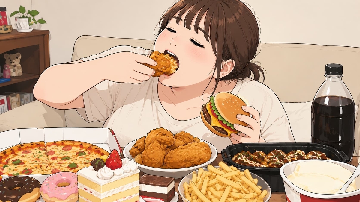 暴飲暴食する若いぽっちゃり系女性の画像