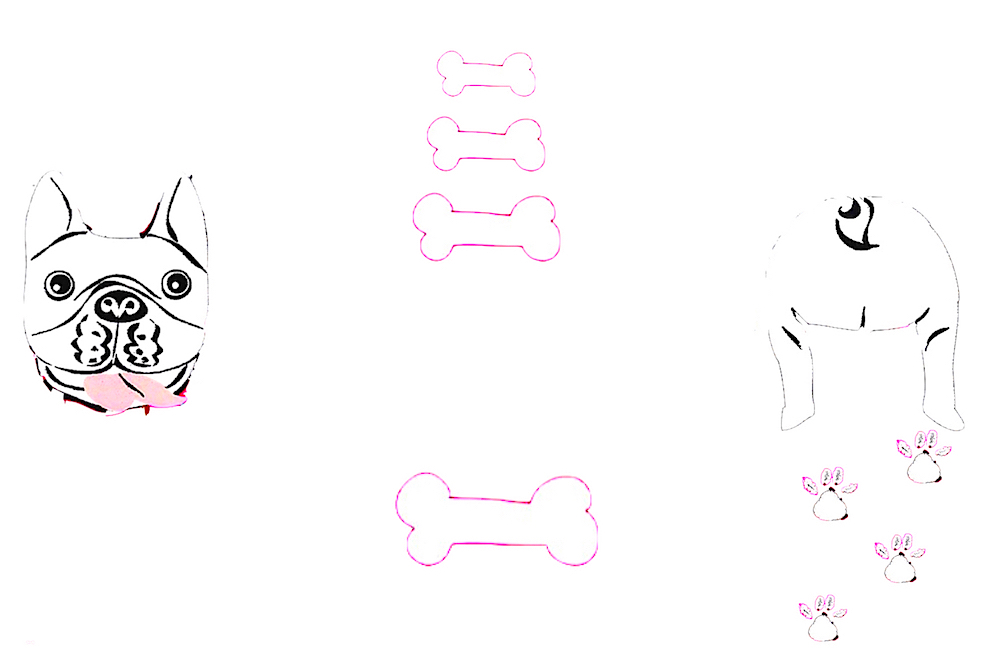 白い紙に白いうフレンチブルドッグの顔とお尻のイラスト